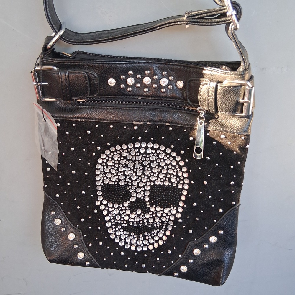 Black Rhinestone Skull Crossbody Bag Faux Leather Studded Goth Purse Y2K